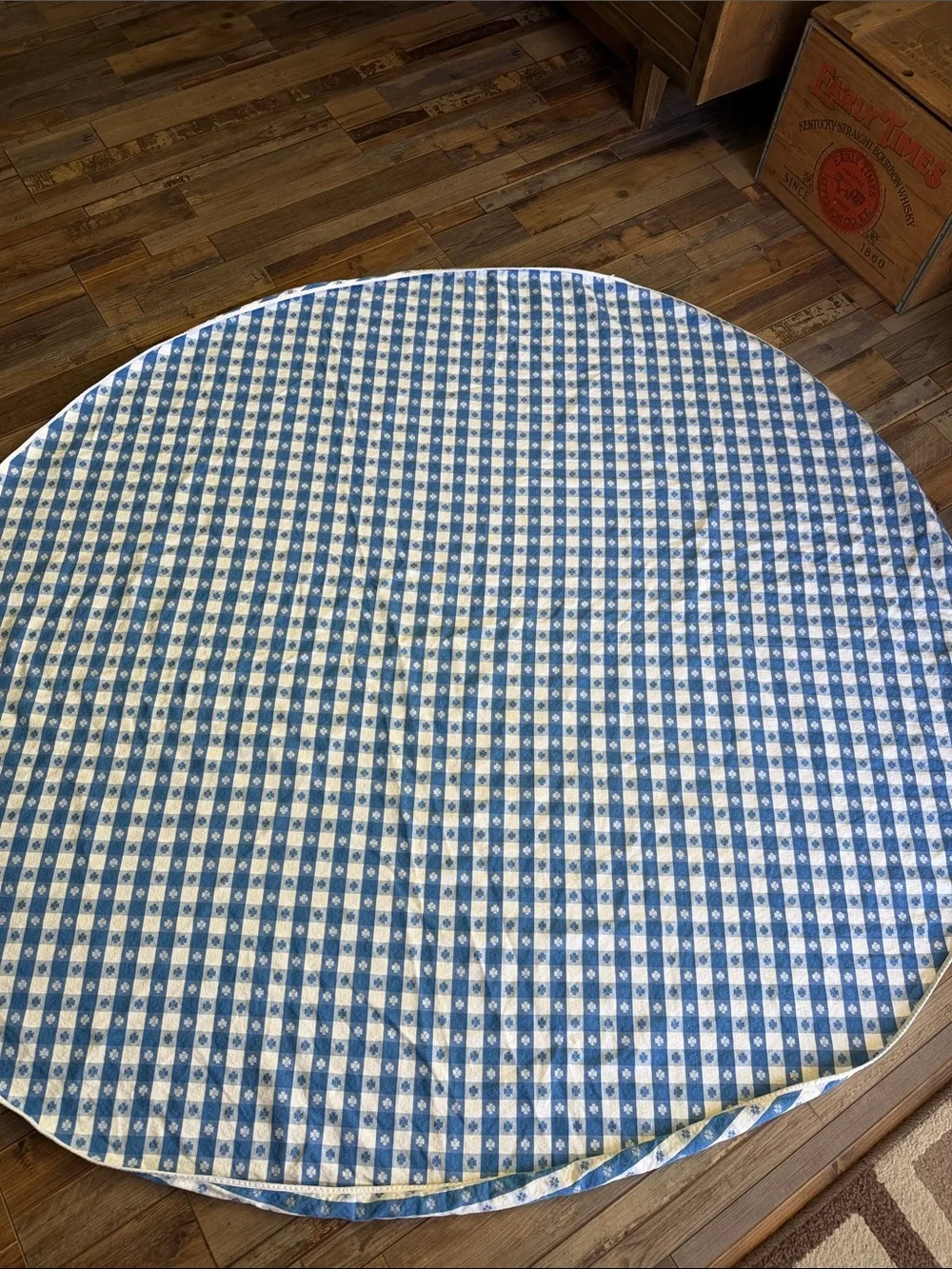 Blue and White Gingham Checkered Round Slightly Oval Linen Tablecloth